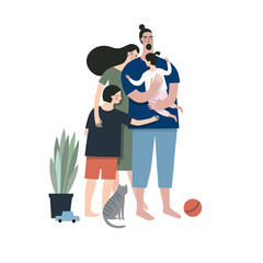 Illustration of a happy family - father, mother and two children at home. Vector. - 452834260