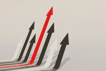 Multicolored arrows go up direction concept to success target and competition. 3D rendering illustration. 