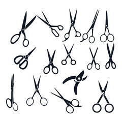 Scissors icons set stock illustration. The icon includes professional hair cutting scissors, Tailor’s scissors, Contour medical scissors, Embroidery, Crafting, Gardening, Cutting, Grooming, Barber