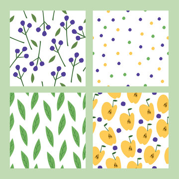 Set of vector seamless pattern. Modern texture for design, decoration, packaging, fabric, clothes and adversiting with fruits and nature.  Beautiful walpapers and profile design for social media