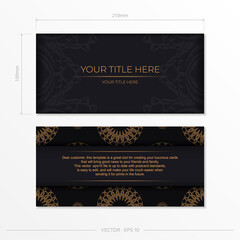 Stylish Template for print design postcards in black color with luxurious Greek patterns. Vector preparation of invitation card with vintage ornament.