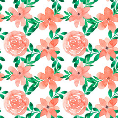 Seamless pattern of peach delicate flowers and green leaves. Watercolor spring blooming for postcards, wrapping paper, stickers, price tags