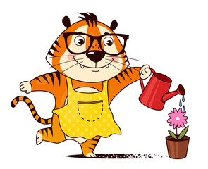 Cool cartoon tiger gardener watering flower in a pot, caring for greens. Symbol of 2022, year of the tiger. Vector illustration