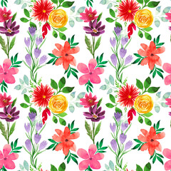 Flowery watercolor seamless pattern. A variety of painted summer flowers for packaging, wrappers, postcards, invitations, stickers, price tags