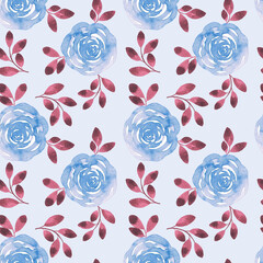 Seamless pattern of blue roses with purple leaves. Watercolor flourish art for packaging paper, wrappers, labels, stickers, postcards