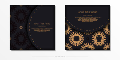 Vector preparation of invitation card with vintage patterns.Stylish template for printable design postcard in black color with luxury greek