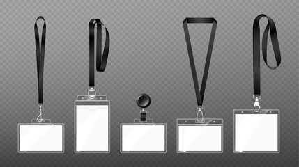 Badges on lanyards with lobster clasp or hooks, blank id cards in transparent plastic cases hang on ribbons, identity tags template on belt or lace. Swivel snap clips, isolated 3d Vector mockup set