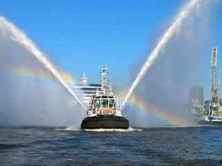 Luxury Azamara cruiseship cruise ship liner sailing on River Elbe towards port of Hamburg, Germany...