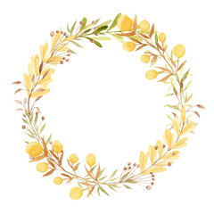Fototapeta na wymiar Watercolor wreath with pumpkins and leaves illustrations. Circle boarder for decor and design. 