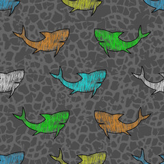 Abstract seamless grunge pattern with multicolored sharks.
