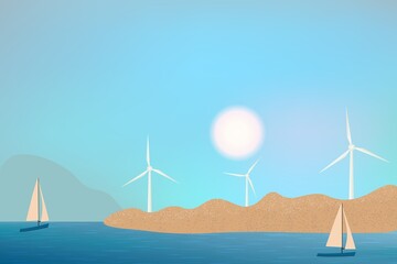 Wind turbines, ecological power generators, standing on the hills. Sea beach view with rocks and sailing yachts.