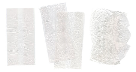 Plastic bags isolated on white. Transparent polyethylene bag surface. Used plastic bags waste....
