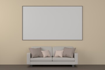 3D blank picture frames hanging on the cream wall over the sofa. 3D rendering of minimal picture frame and sofa. 3D minimal interior design. 3D illustration.