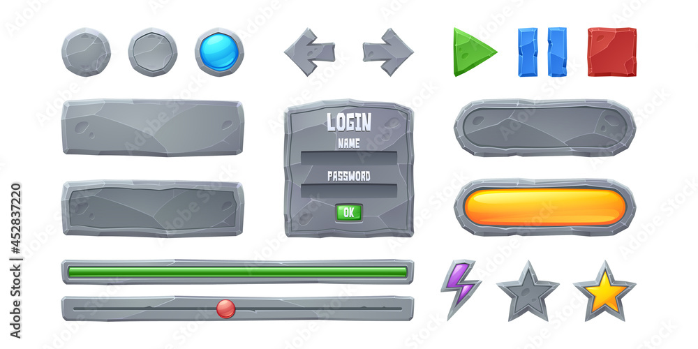 Poster set progress bars and game buttons ui or gui design elements. cartoon interface of stone texture. me