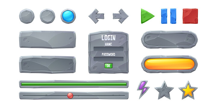 Set progress bars and game buttons ui or gui design elements. Cartoon interface of stone texture. Menu boards, user setting panel with slider, stop, pause and arrows, flash or star keys, Vector icons