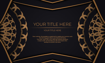 Template for design printable invitation card with luxurious patterns. Black vector banner with greek luxury ornaments and place for your text.