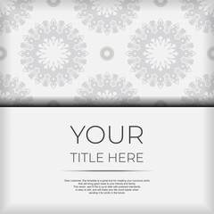 Stylish Ready-to-print white postcard design with luxurious Greek patterns. Invitation card template with vintage ornament.