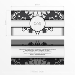 Stylish Ready-to-print white postcard design with luxurious Greek patterns. Vector Invitation card template with vintage ornament.