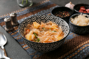 Bowl with tasty sauerkraut soup on table