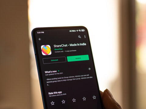 Assam, india - March 10, 2021 : ShareChat logo on phone screen stock image.