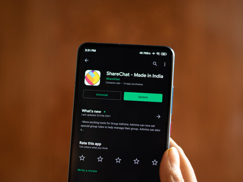 Assam, india - March 10, 2021 : ShareChat logo on phone screen stock image.