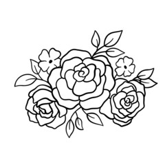 Floral bouquet with flowers and leaves in outline style. Vector roses line art. Elegant bouquet isolated on white background