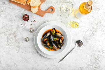Composition with tasty Mussels Marinara and bottle of wine on light background