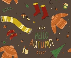 Seamless autumn patten: warm sweater, rubber boots, woolen socks, umbrella. Vector subject illustration. Composition of warm clothes and autumn leaves, acorns, mushrooms, jam and candles.