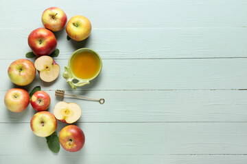 Honey with apples on color wooden background. Rosh hashanah (Jewish New Year) celebration