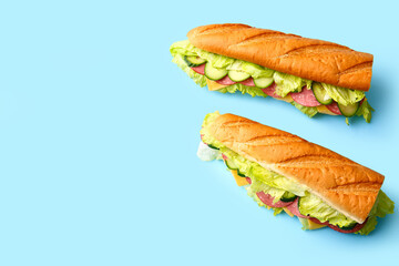 Tasty sandwiches on color background