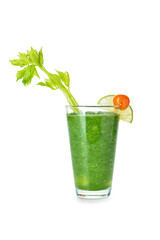 Glass of bloody Mary cocktail on white background