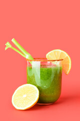Glass of bloody Mary cocktail on color background
