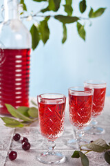 glasses of cherry brandy liqueur with ripe berries
