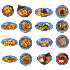 Isolated variety of asian japanese cuisine dishes collage set