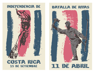 VECTORIAL POSTERS for Costa Rica Independence Day and Battle of Rivas, Juan Santamaría (Retro, grunge, vintage, antique, painting, graffitti)