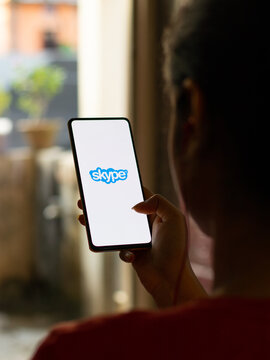 Assam, india - October 29, 2020 : Skype logo on phone screen stock image.