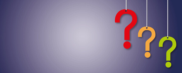 Question mark colourful hanging on a purple background, question mark or problem concept, space for the text, paper cut design style.