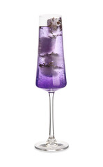 Glass of fresh cocktail with lavender on white background