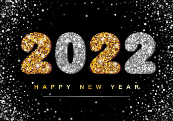 Happy New Year banner with Gold and Silver 2022 Numbers on black background with flying confetti.