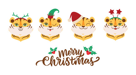 The set of face tigers is good for Merry Christmas and Happy New Year designs. The heads of cartoonish animals and holiday quote is good for logos 2022. The vector illustration