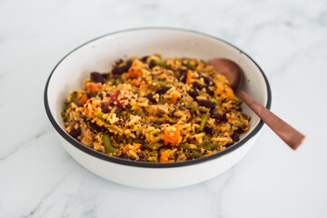 vegan quinoa with sweet potato green beans bell pepper and red kidney beans, healthy plant-based food