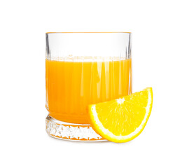 Glass of tasty orange juice on white background