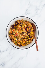 vegan quinoa with sweet potato green beans bell pepper and red kidney beans, healthy plant-based food