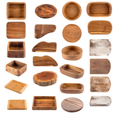 Isolated variety of wooden cookware boards collection set collage