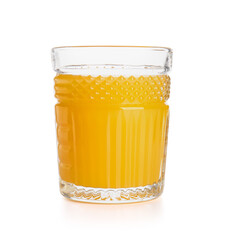 Glass of tasty orange juice on white background