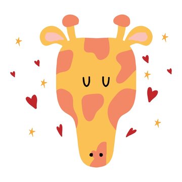 Childrens hand-drawn illustration of a giraffe head. Cute giraffe with hearts and stars. The illustration is suitable for posters, prints, postcards.
