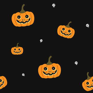 Seamless cute Hallowen pattern of craft pumpkins and white skull on black background flat vector illustration. Spooky wallpaper, textile, texture, fabric. Happy Halloween.