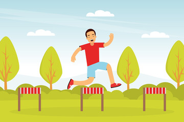 Young Man Character Hurdling in the Park Doing Sport and Physical Exercise Vector Illustration