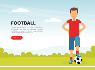 Landing Page with Young Man Character Playing Football Doing Sport and Physical Exercise Vector Template