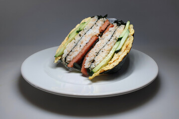 Homemade Korean Folded Kimbap Rice Rolls With Ham, Egg And Cucumber.